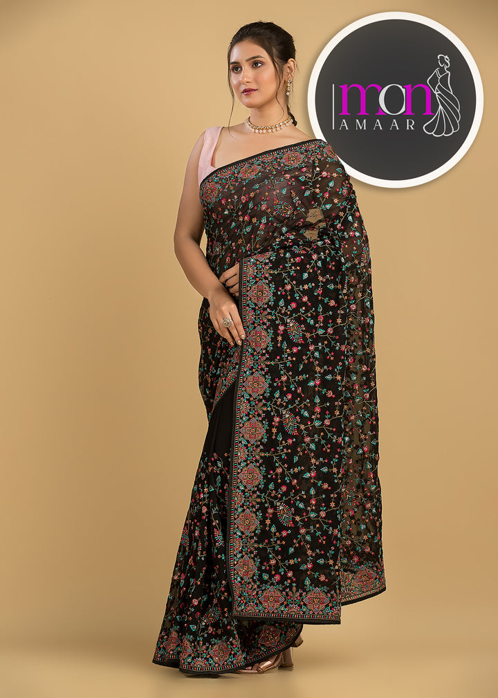 Heaven On Earth Floral Embroidery Saree (Black )