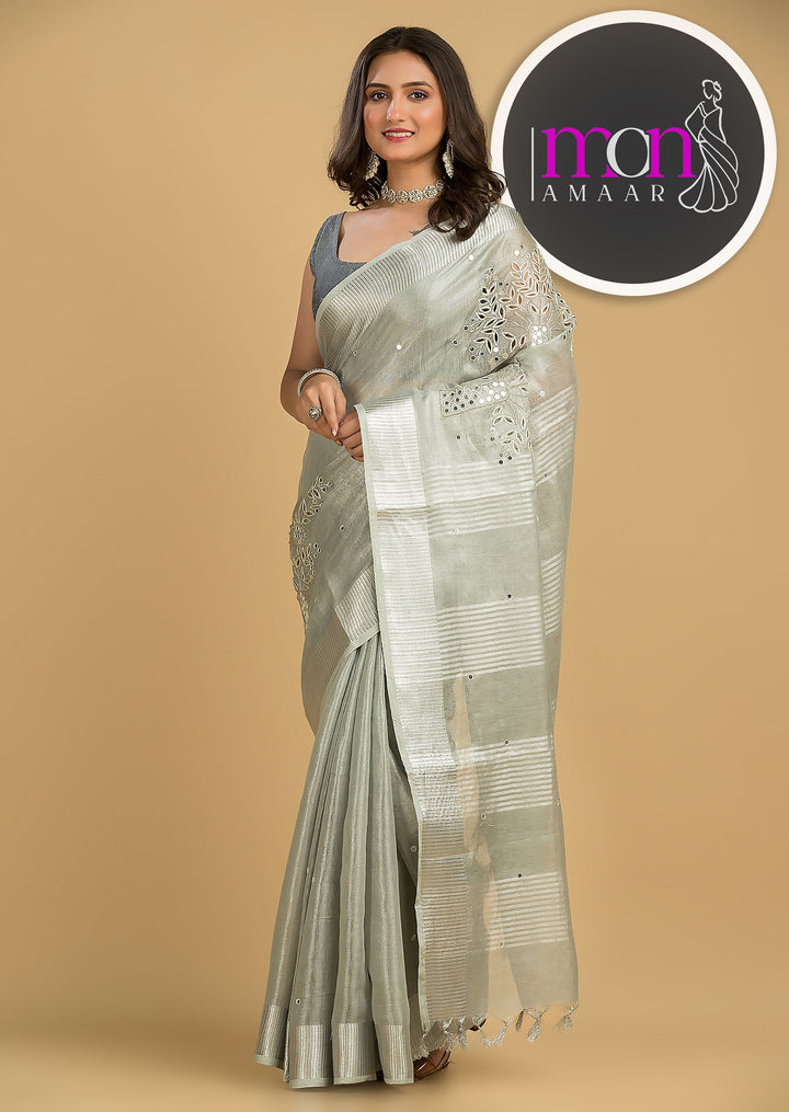 Tree Of Life (Pure Silver Tissue Linen Saree)