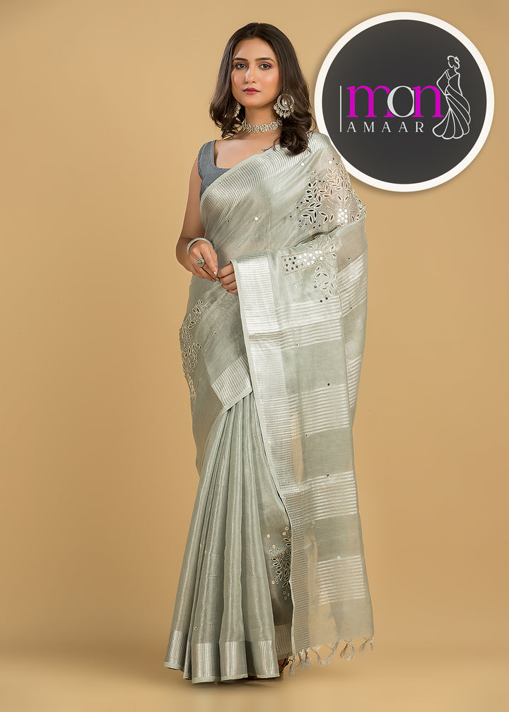 Tree Of Life (Pure Silver Tissue Linen Saree)