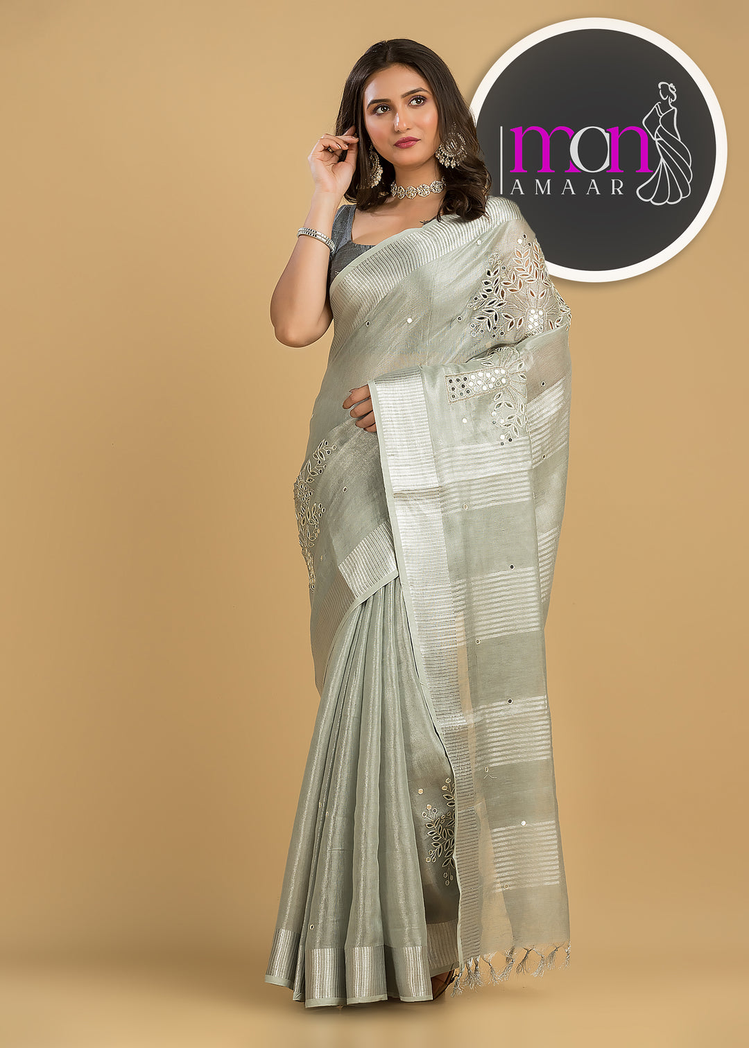 Tree Of Life (Pure Silver Tissue Linen Saree)