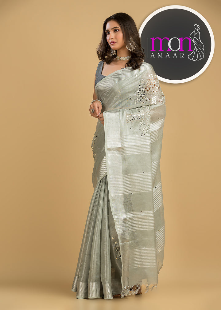 Tree Of Life (Pure Silver Tissue Linen Saree)