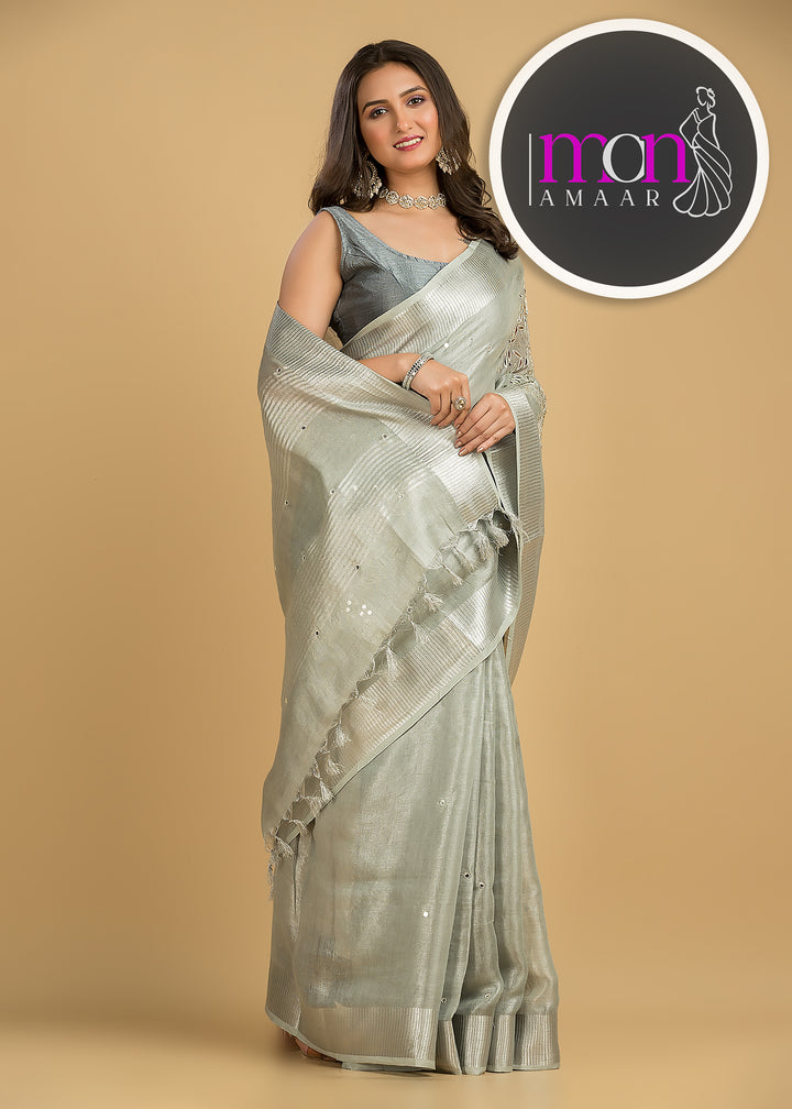 Tree Of Life (Pure Silver Tissue Linen Saree)