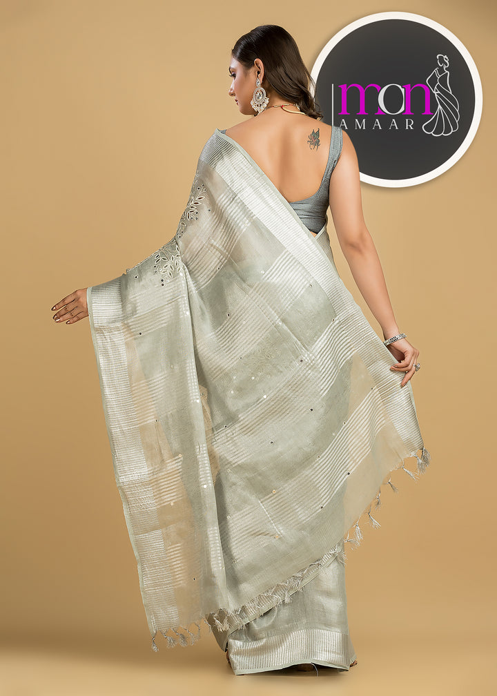 Tree Of Life (Pure Silver Tissue Linen Saree)