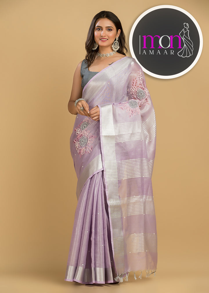 Love For Lavender (Pure Tissue Linen )Hand Work Saree