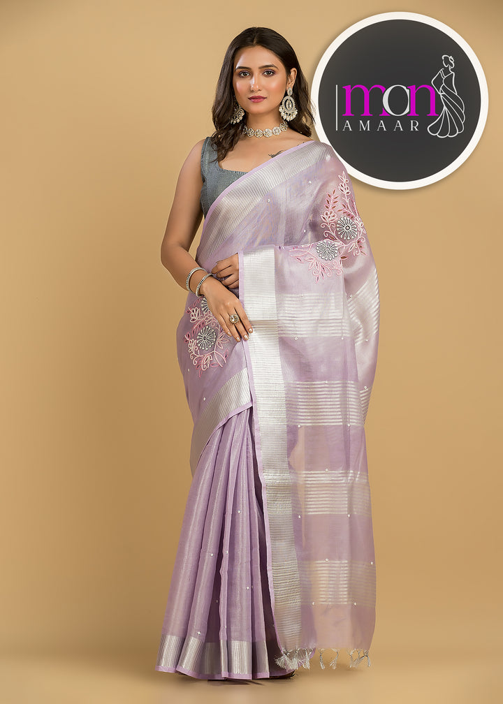 Love For Lavender (Pure Tissue Linen )Hand Work Saree