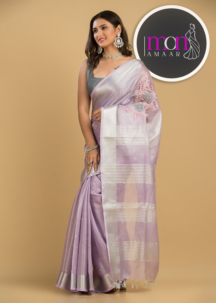 Love For Lavender (Pure Tissue Linen )Hand Work Saree