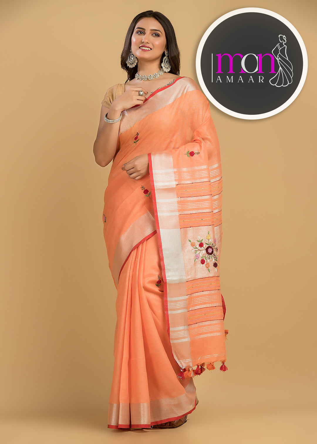 Arty-Crafty Pure Hand Embroidered Linen Saree