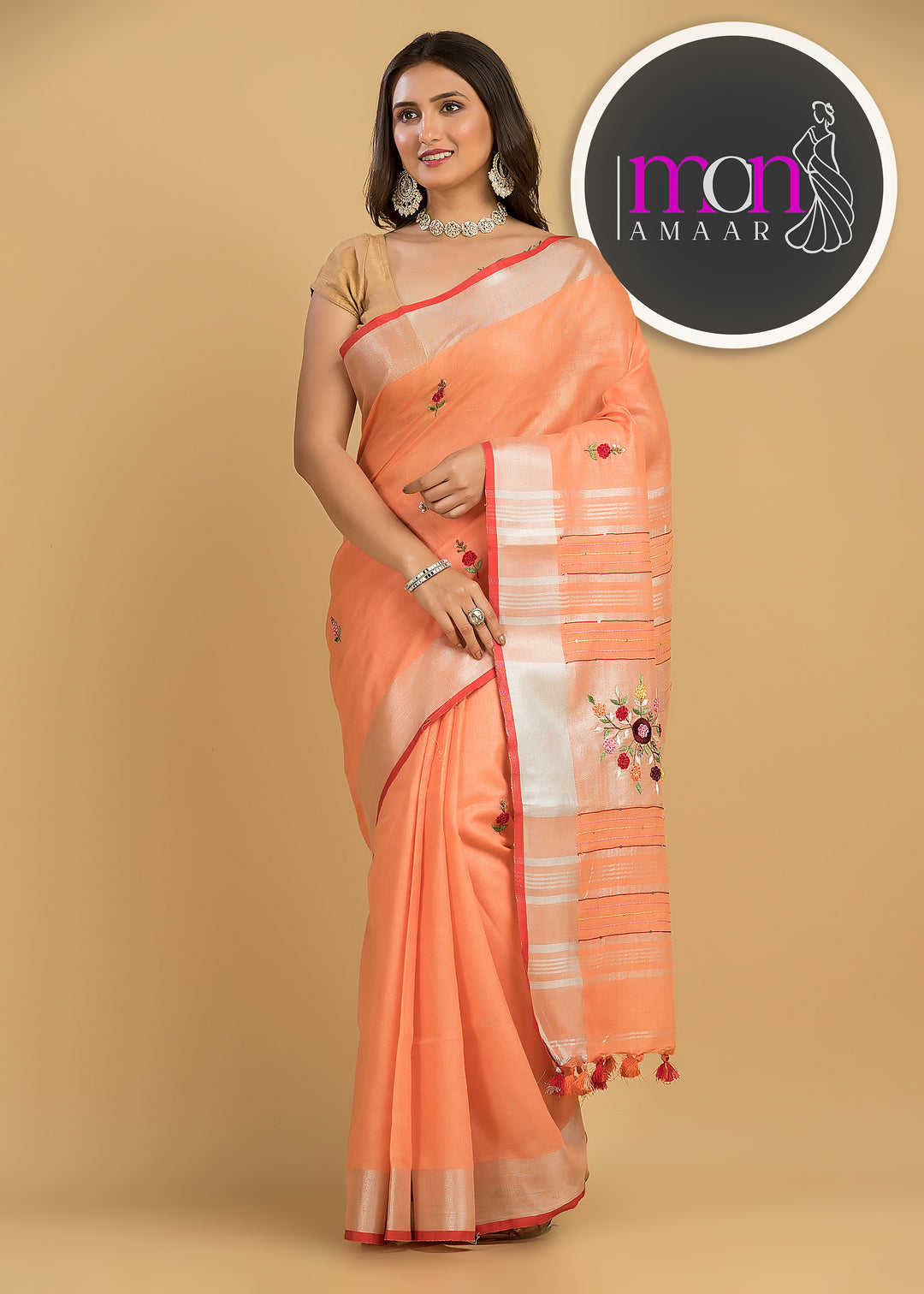 Arty-Crafty Pure Hand Embroidered Linen Saree