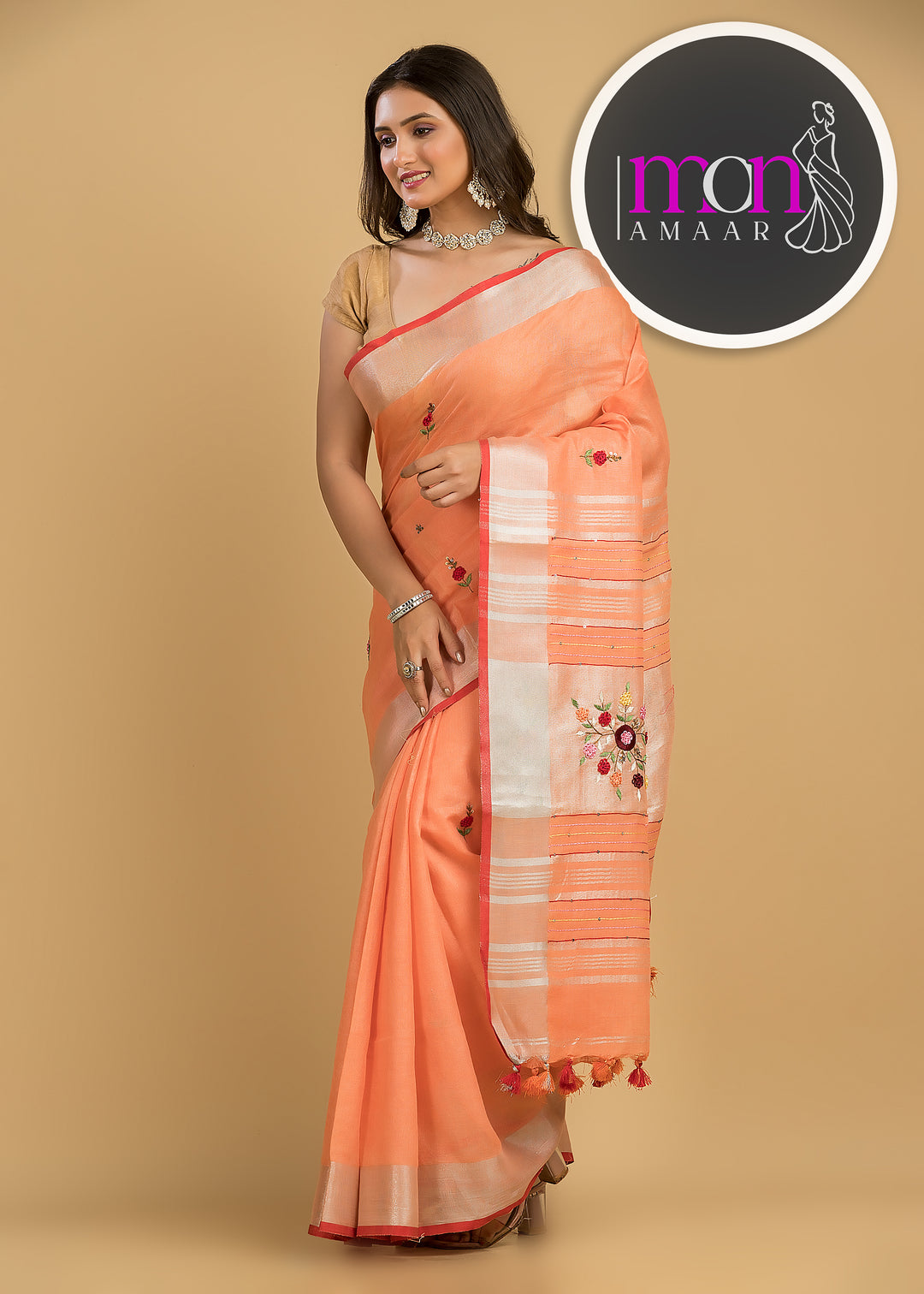 Arty-Crafty Pure Hand Embroidered Linen Saree