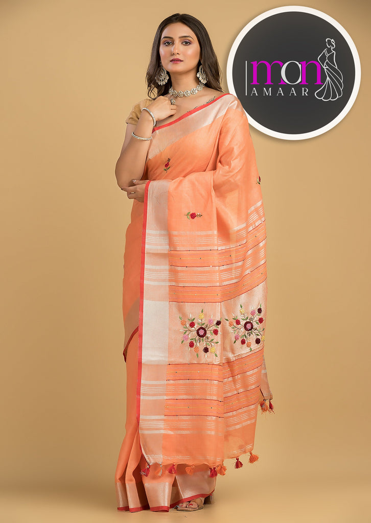 Arty-Crafty Pure Hand Embroidered Linen Saree