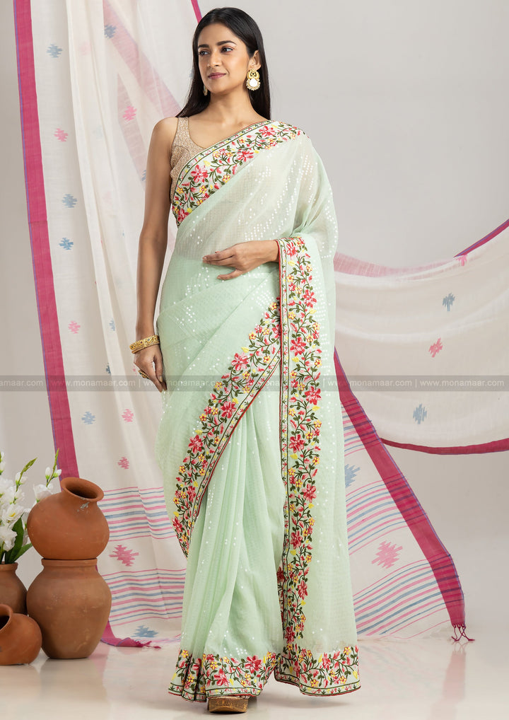 Green Sequins Designer Saree