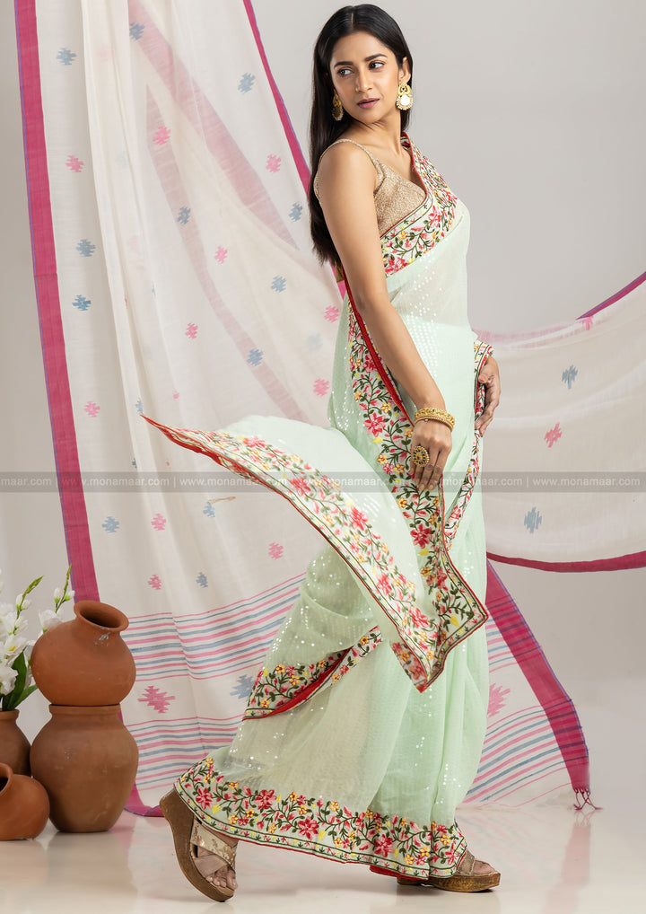 Green Sequins Designer Saree