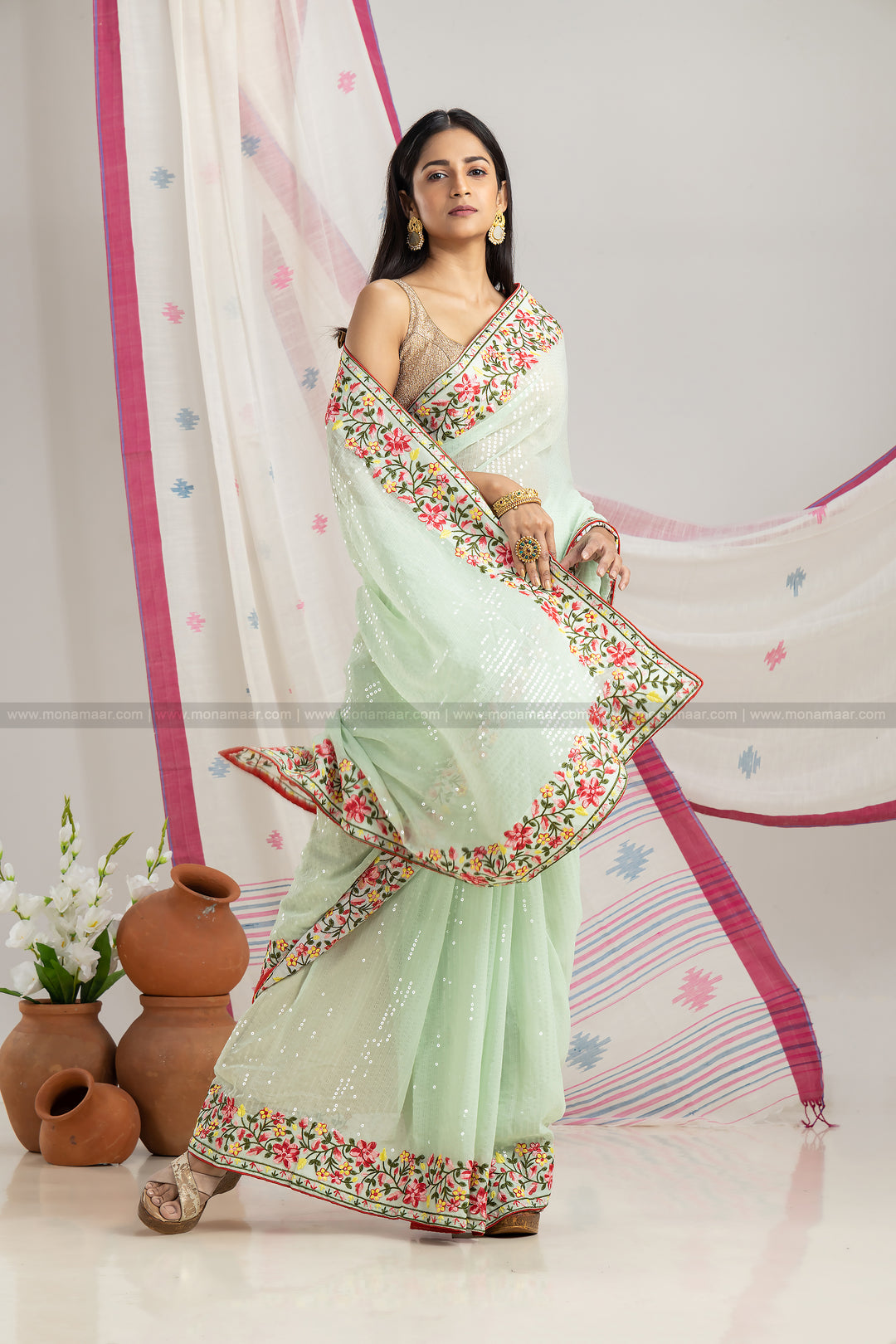 Green Sequins Designer Saree