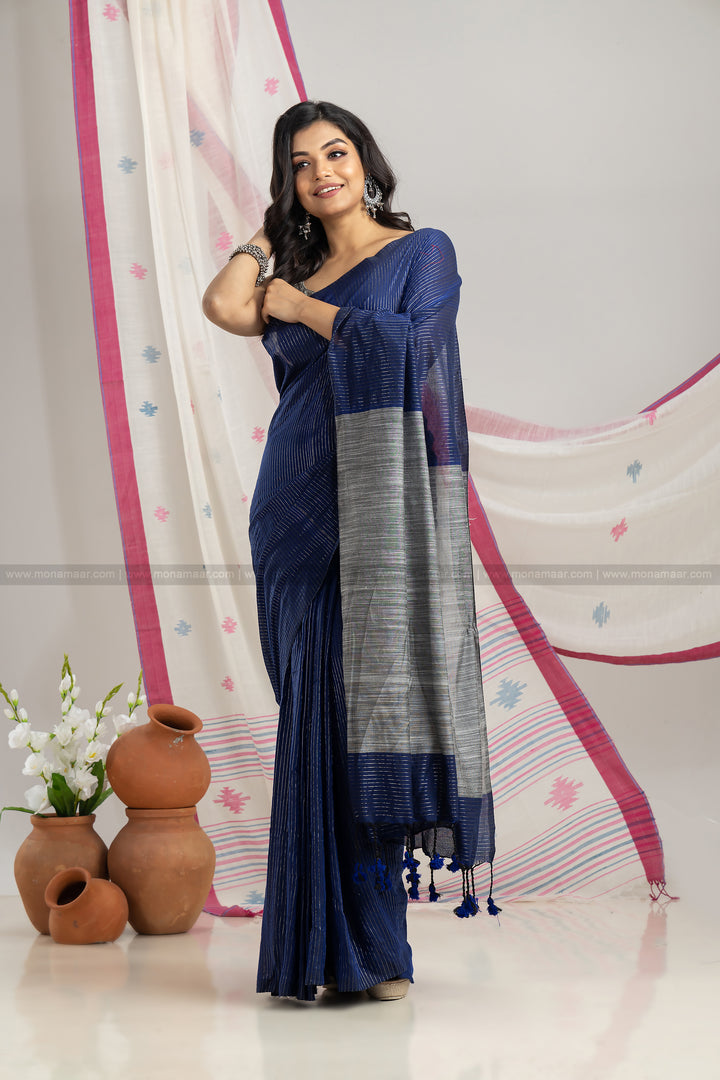 Wisley Crafted  -Blue Bengal Stripe Khadi Saree