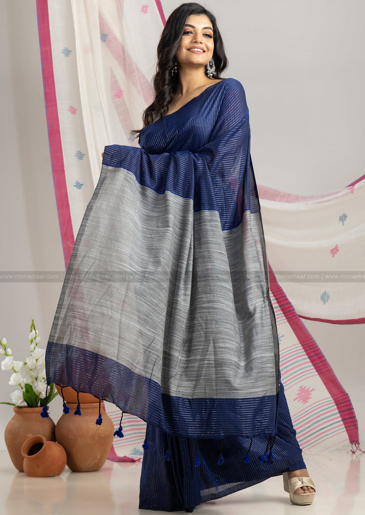 Wisley Crafted  -Blue Bengal Stripe Khadi Saree