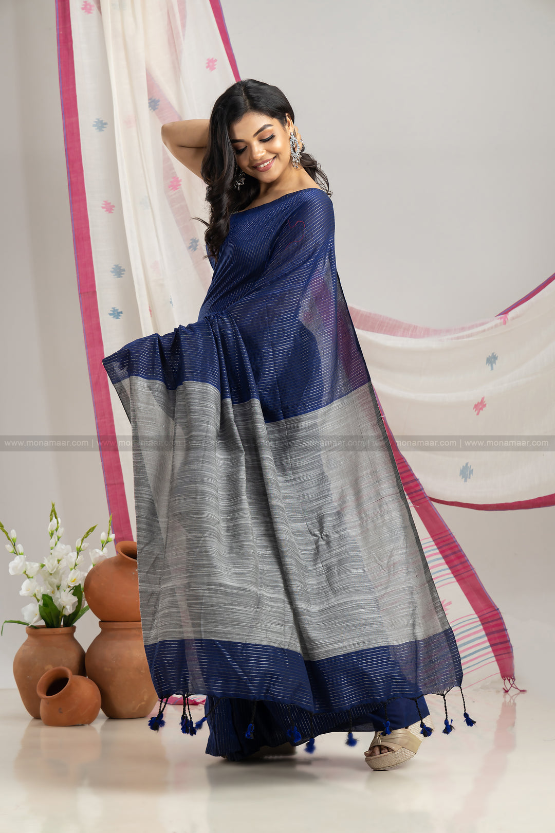 Wisley Crafted  -Blue Bengal Stripe Khadi Saree