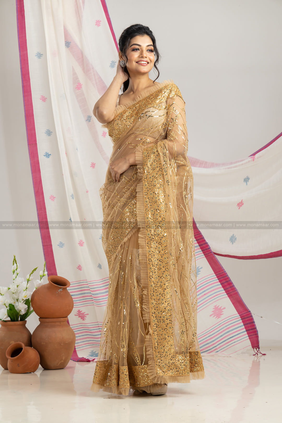 Golden Net Saree