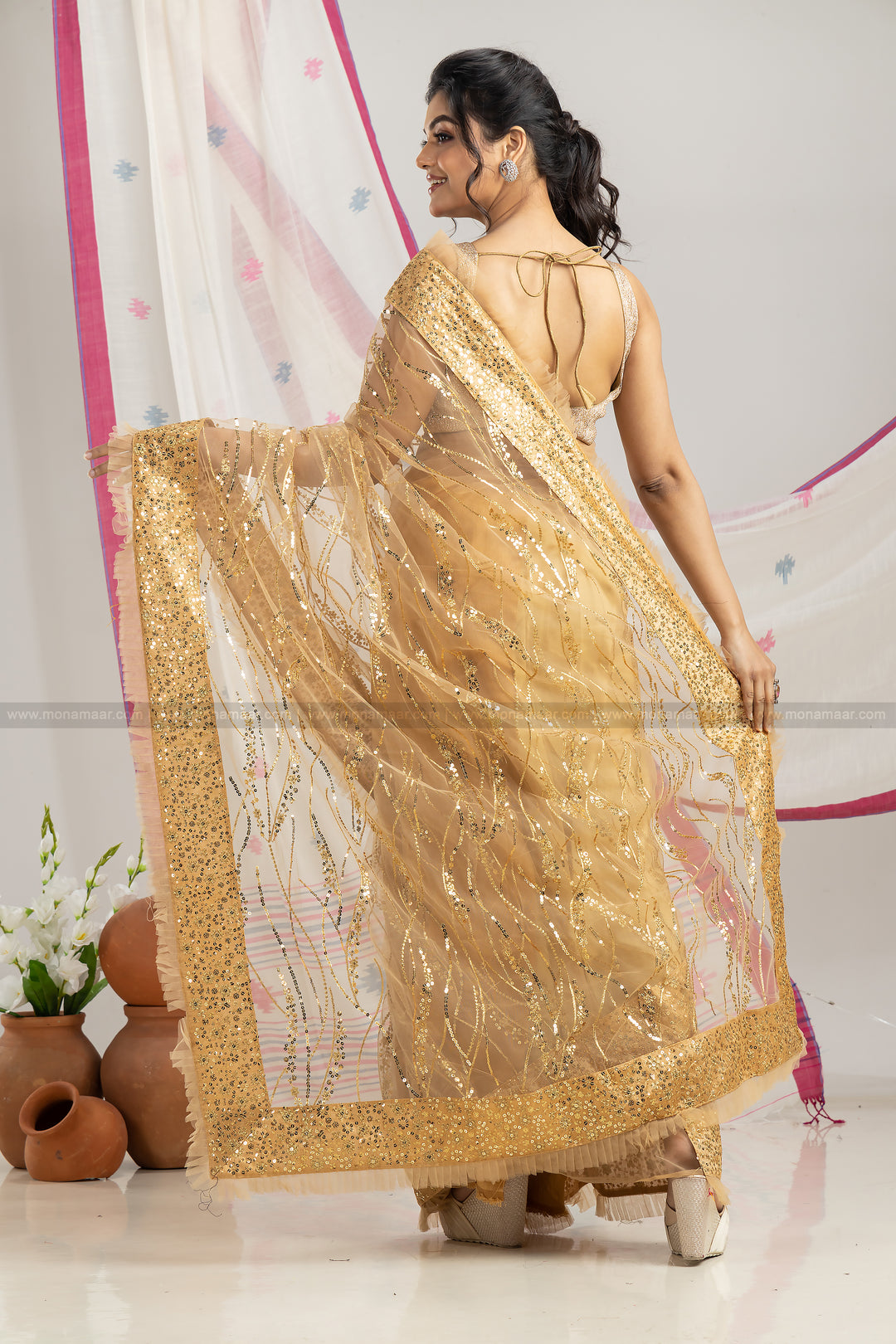 Golden Net Saree