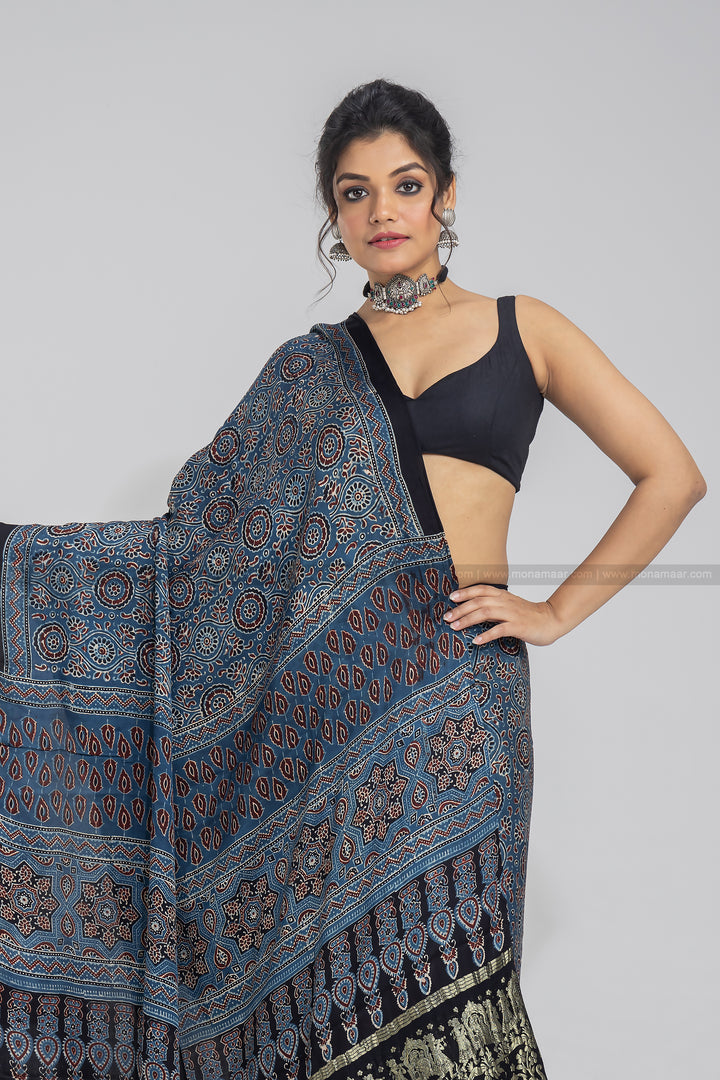 Ajrakh Block Printed Saree