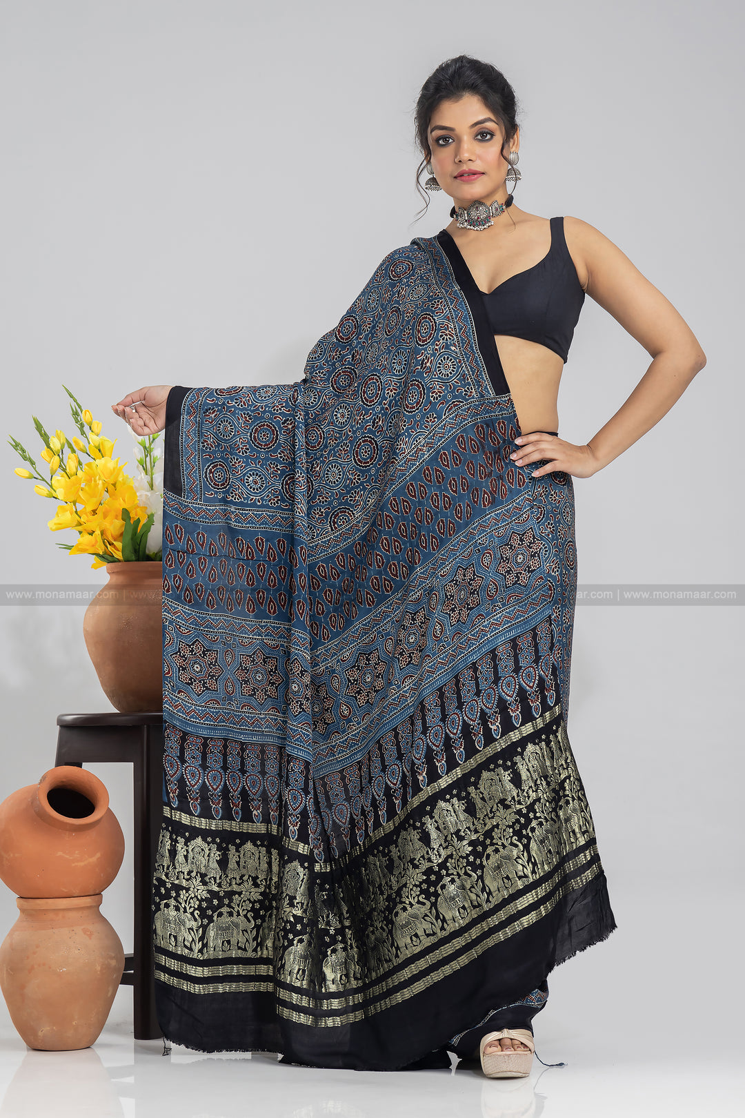 Ajrakh Block Printed Saree