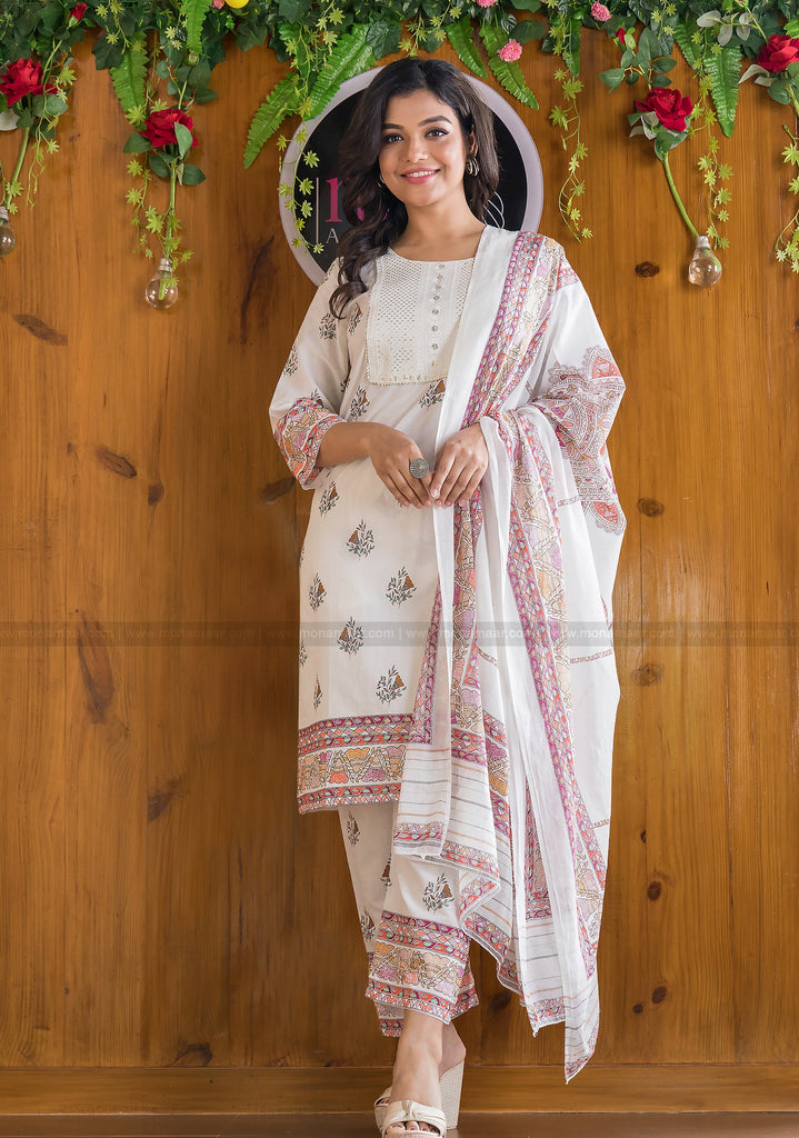 All Over Printed With Embroidery Worked Cotton Kurti Set