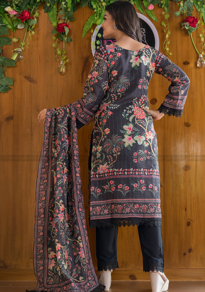 Black Floral Canvas Kurti Set