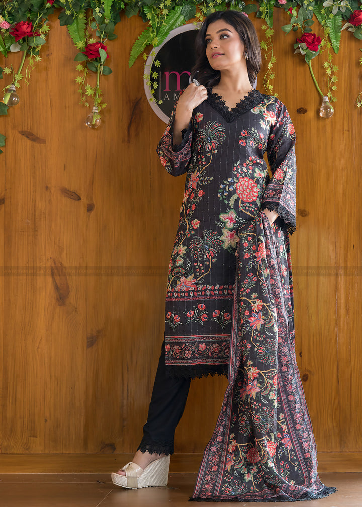 Black Floral Canvas Kurti Set