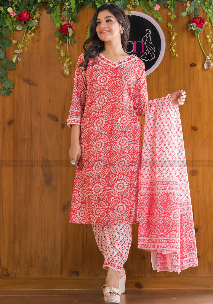 Gift Of Red With Cute Pockets Cotton Kurti Set
