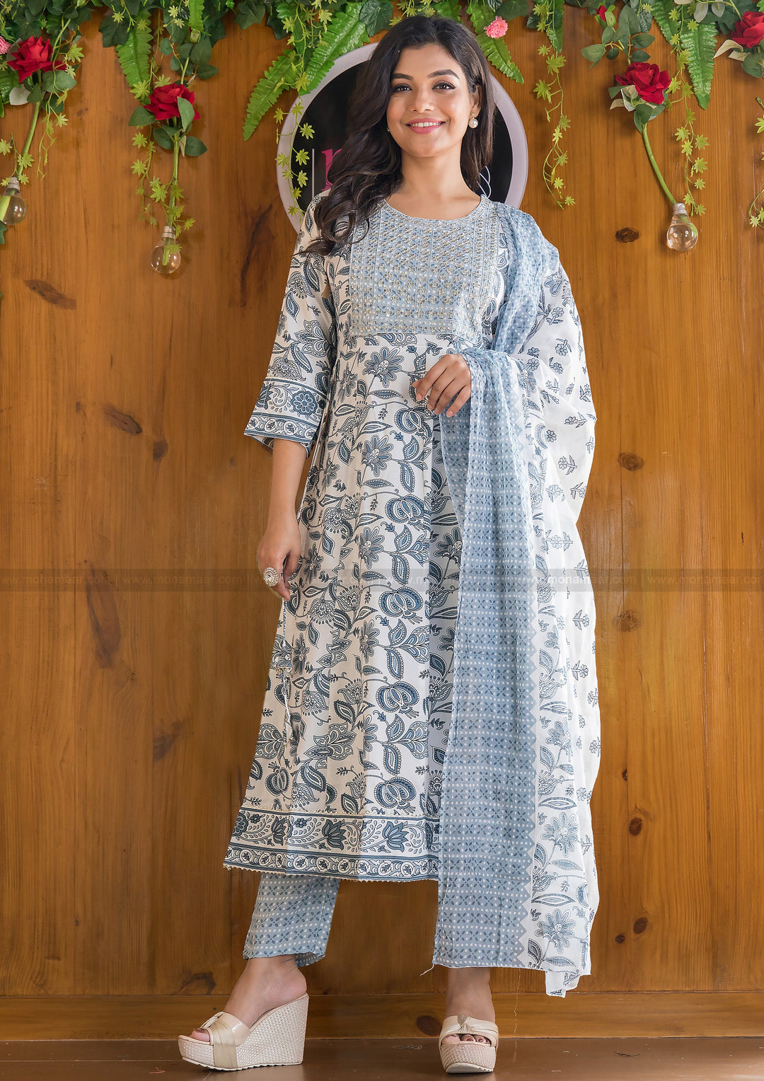 Show Stealer White And Grey Anarkali Kurti Set