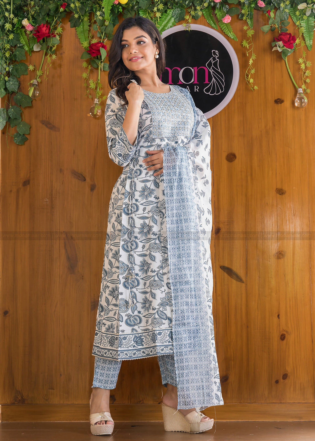 Show Stealer White And Grey Anarkali Kurti Set