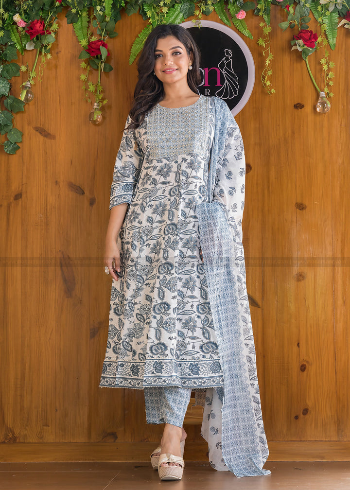 Show Stealer White And Grey Anarkali Kurti Set