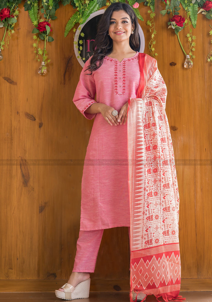 Glorious Khadi Cotton Kurti Set(Approaching Pink)