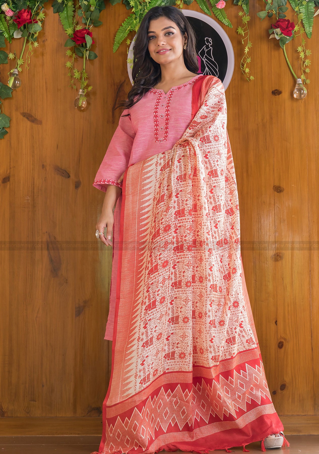 Glorious Khadi Cotton Kurti Set(Approaching Pink)