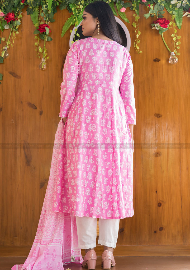 Cotton Candy Beautiful Angrakha Style Pink Cotton Kurti Set