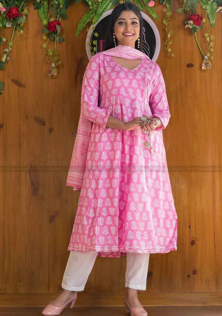 Cotton Candy Beautiful Angrakha Style Pink Cotton Kurti Set