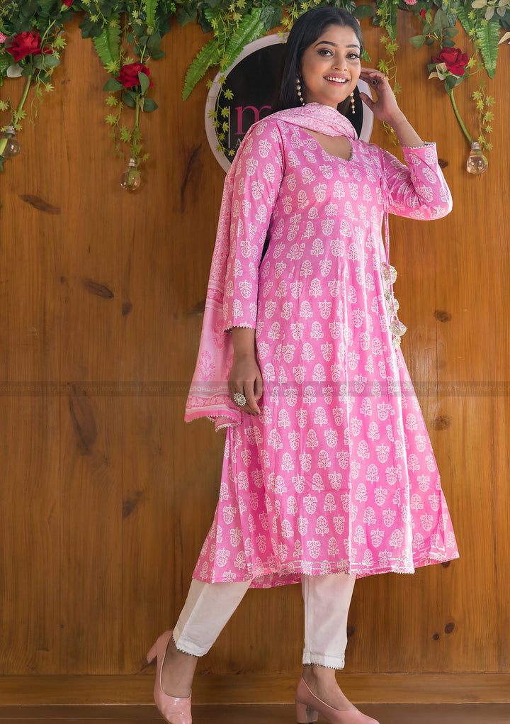 Cotton Candy Beautiful Angrakha Style Pink Cotton Kurti Set