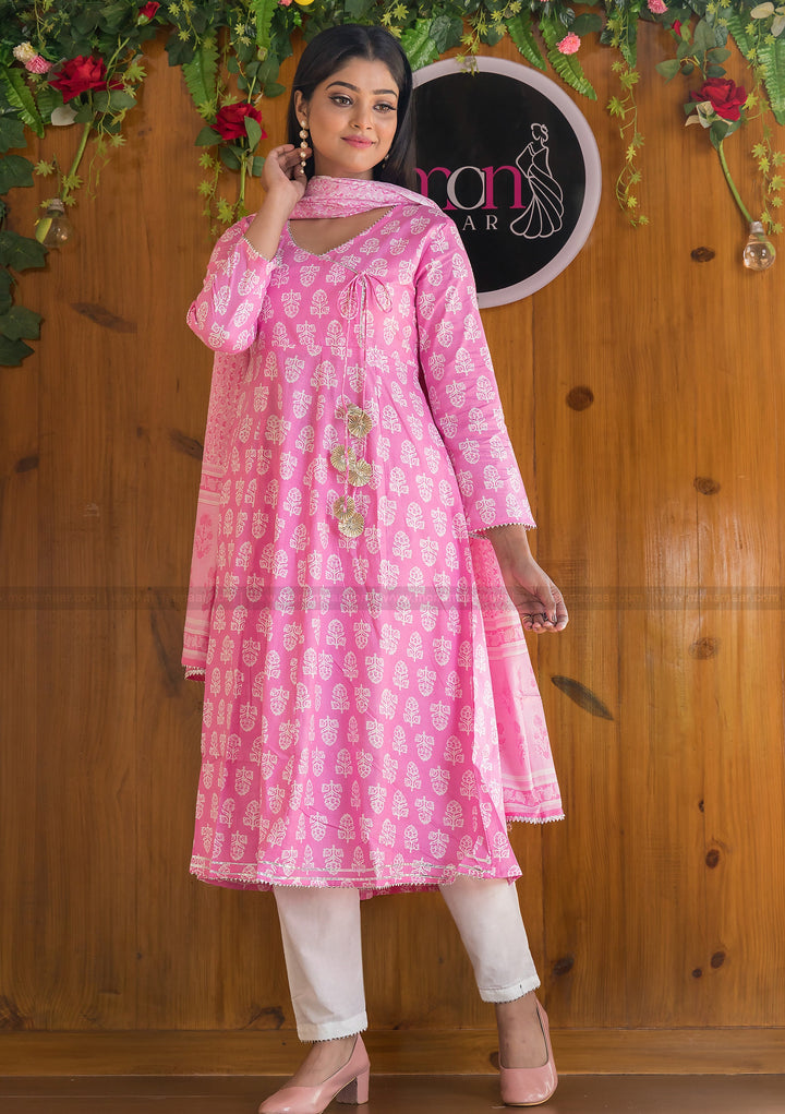 Cotton Candy Beautiful Angrakha Style Pink Cotton Kurti Set