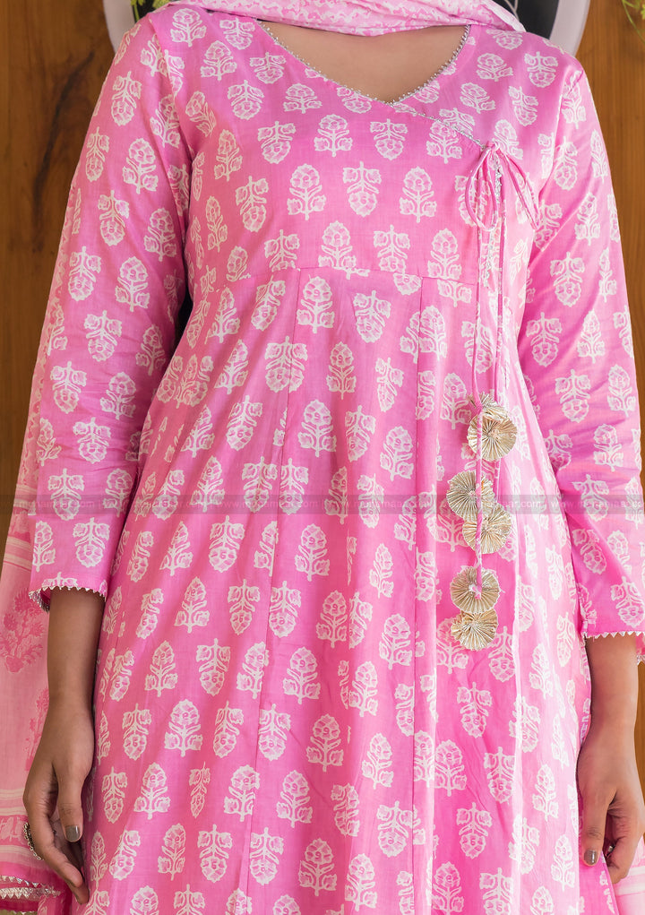 Cotton Candy Beautiful Angrakha Style Pink Cotton Kurti Set