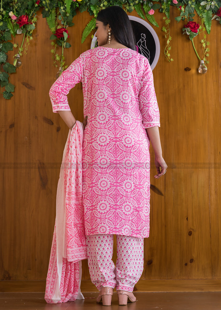 Cute Pockets Cotton Kurti Set (Attractive Pink)