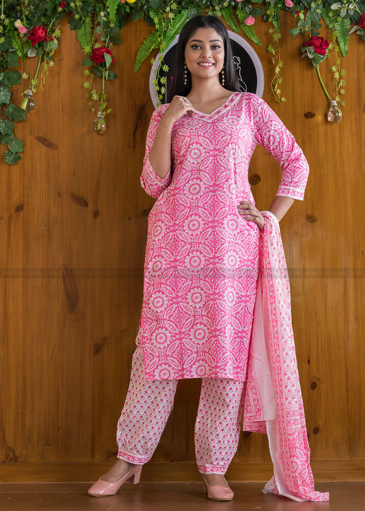 Cute Pockets Cotton Kurti Set (Attractive Pink)