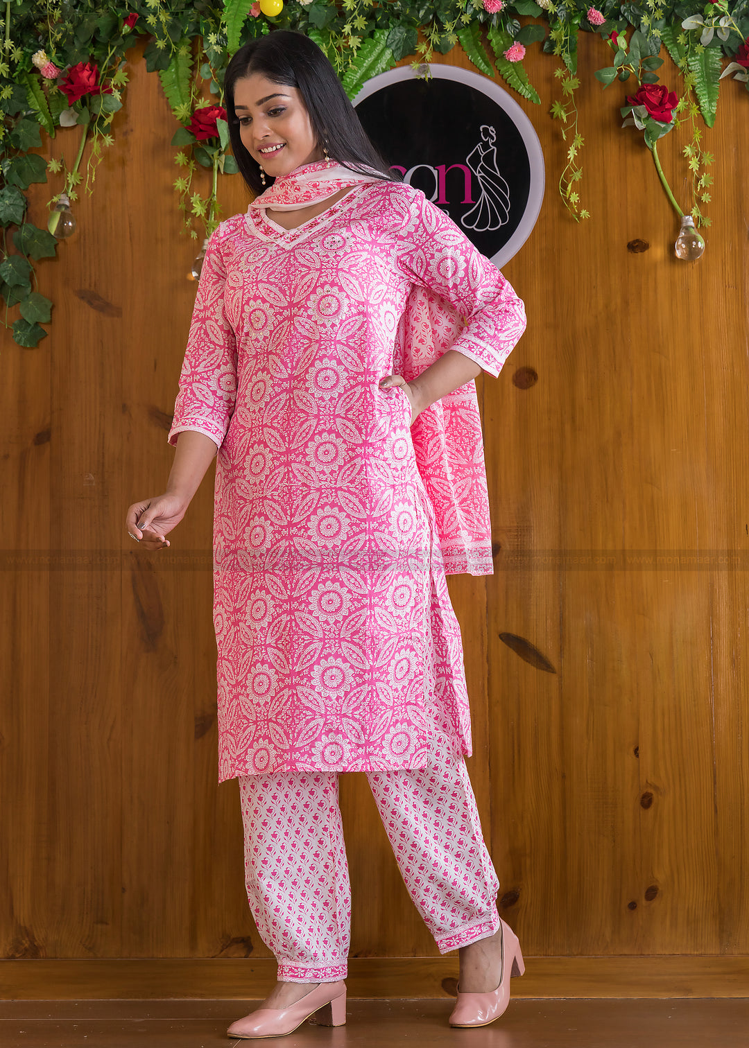 Cute Pockets Cotton Kurti Set (Attractive Pink)