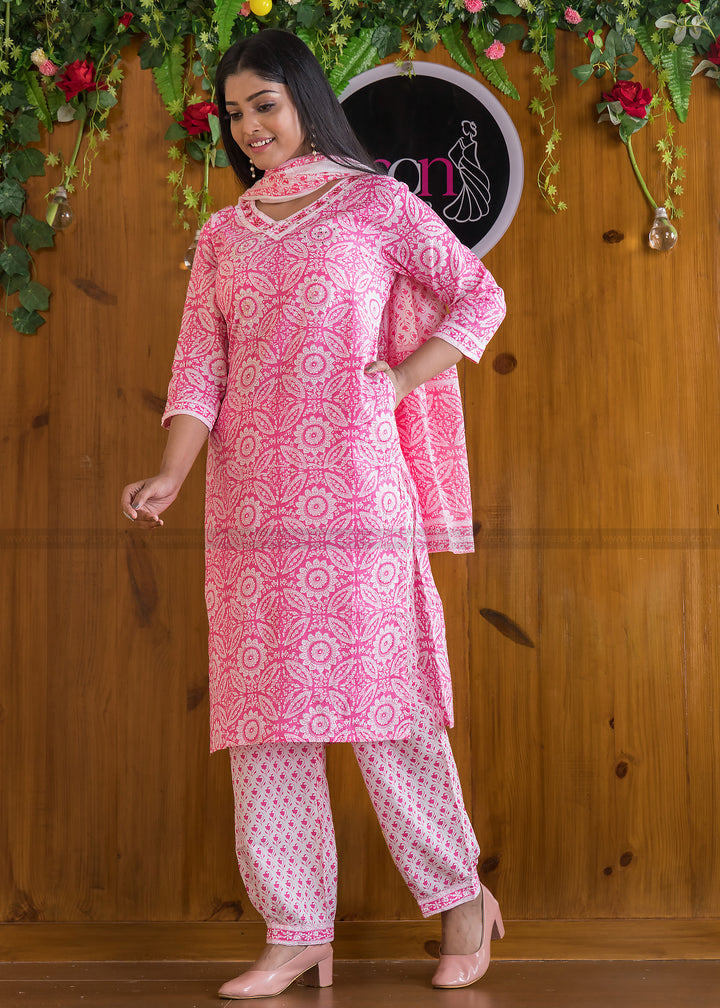 Attraction Of Pink With Cute Pockets Cotton Kurti Set