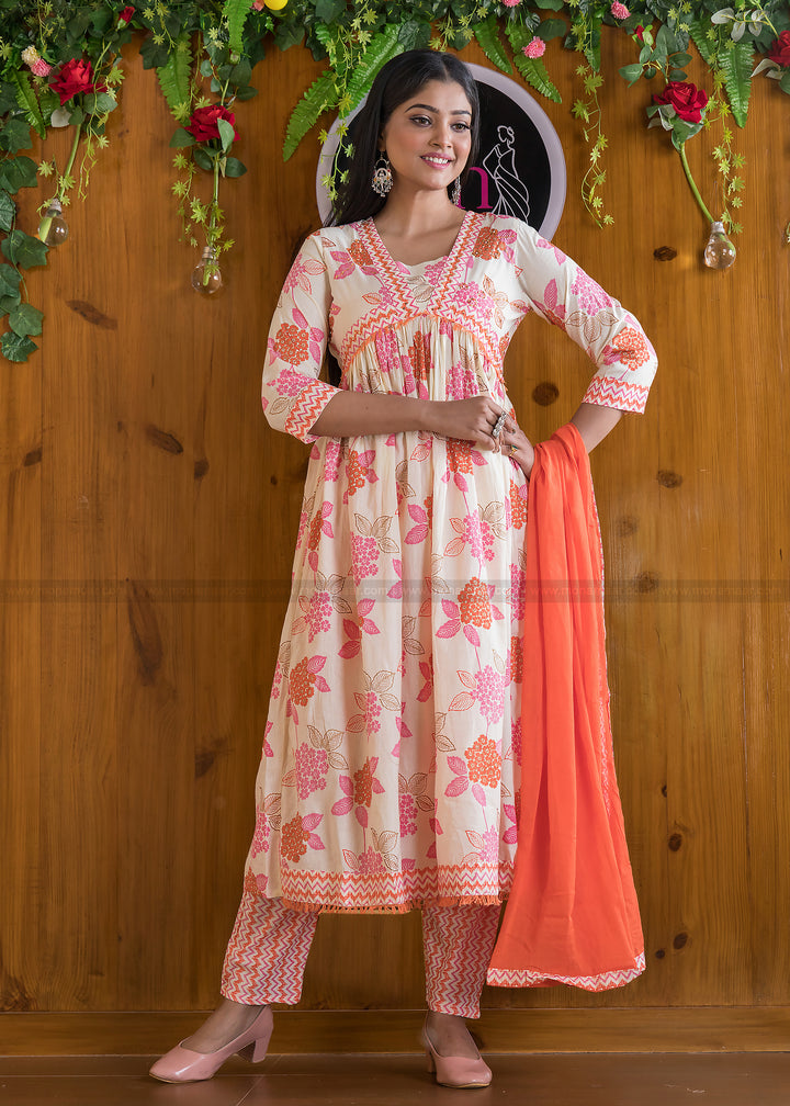 Floral Fantacy White Pink Anarkali Kurti Set