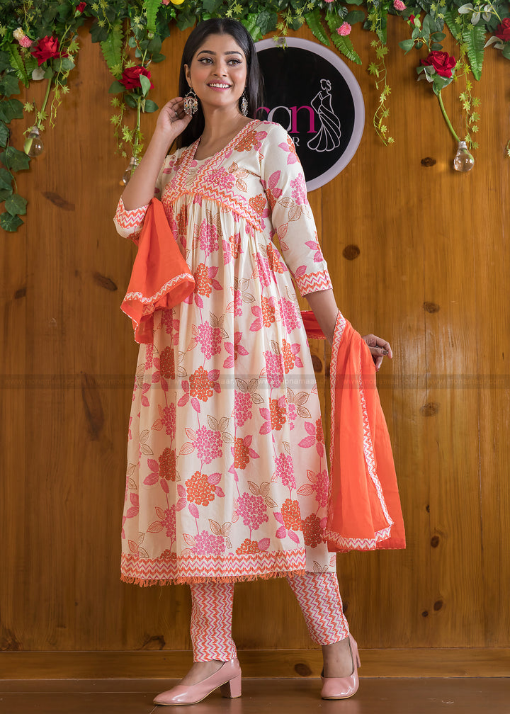 White Pink Floral Anarkali Kurti Set