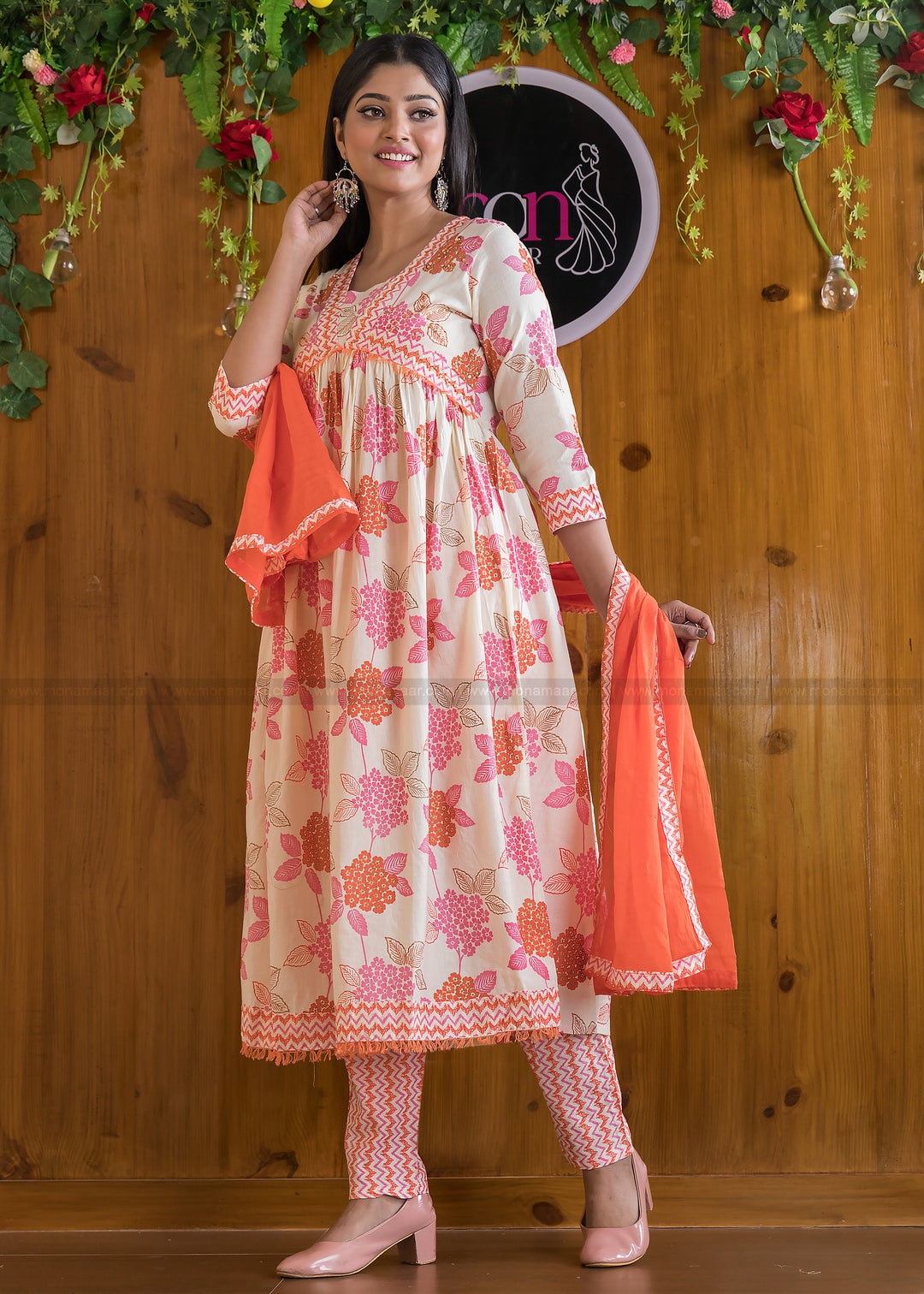 Floral Fantacy White Pink Anarkali Kurti Set