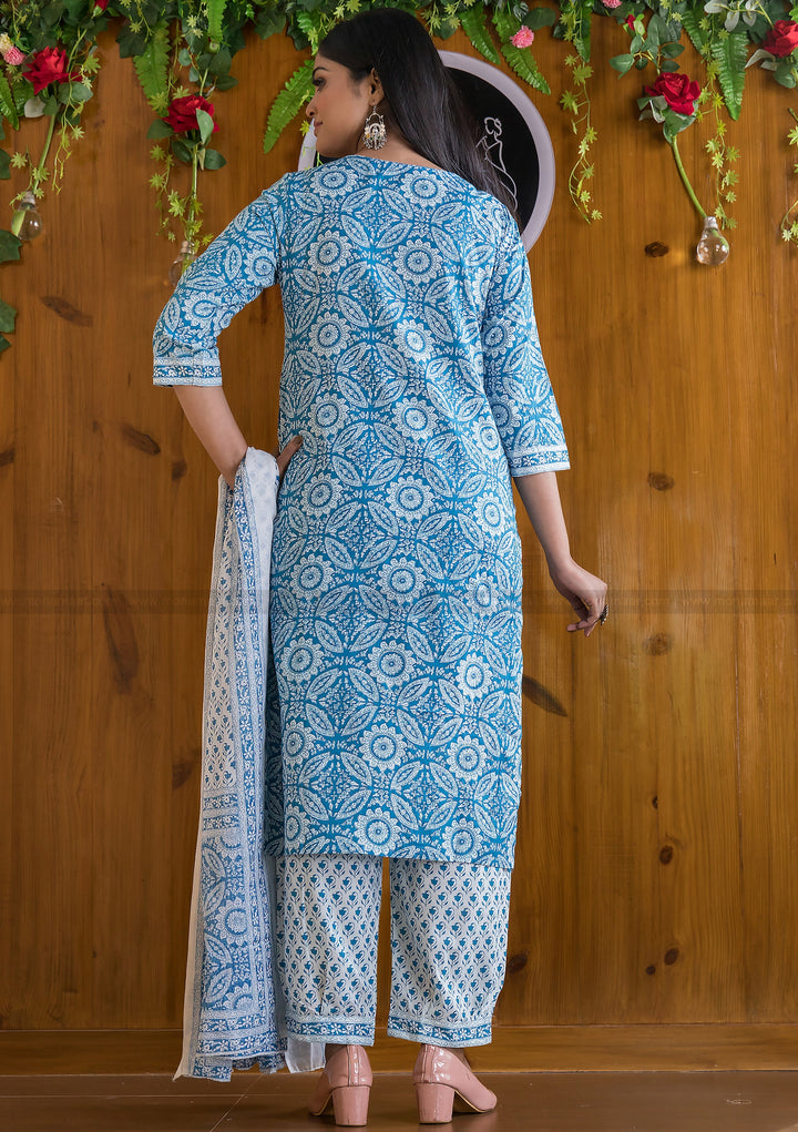 Cute Pockets Straight Cotton Kurti Set(Spirit Of Blue)