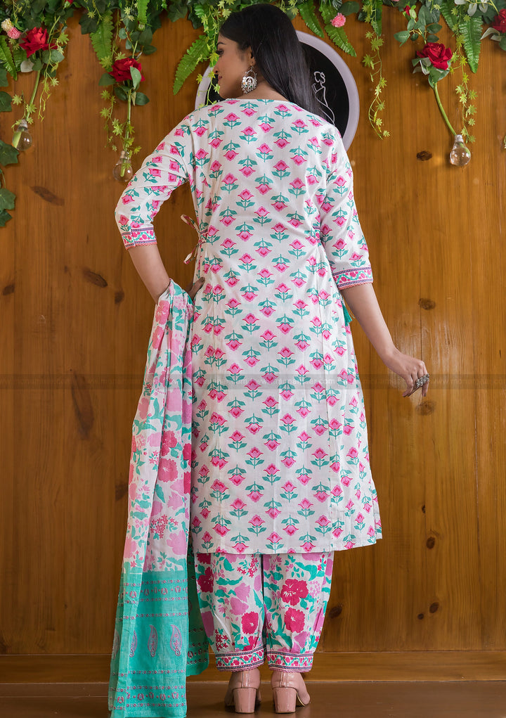 Immortal Floral Cotton Suit Set(Steady Pink And White Combo)