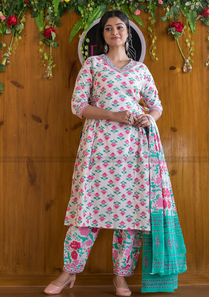 Immortal Floral Cotton Suit Set(Steady Pink And White Combo)