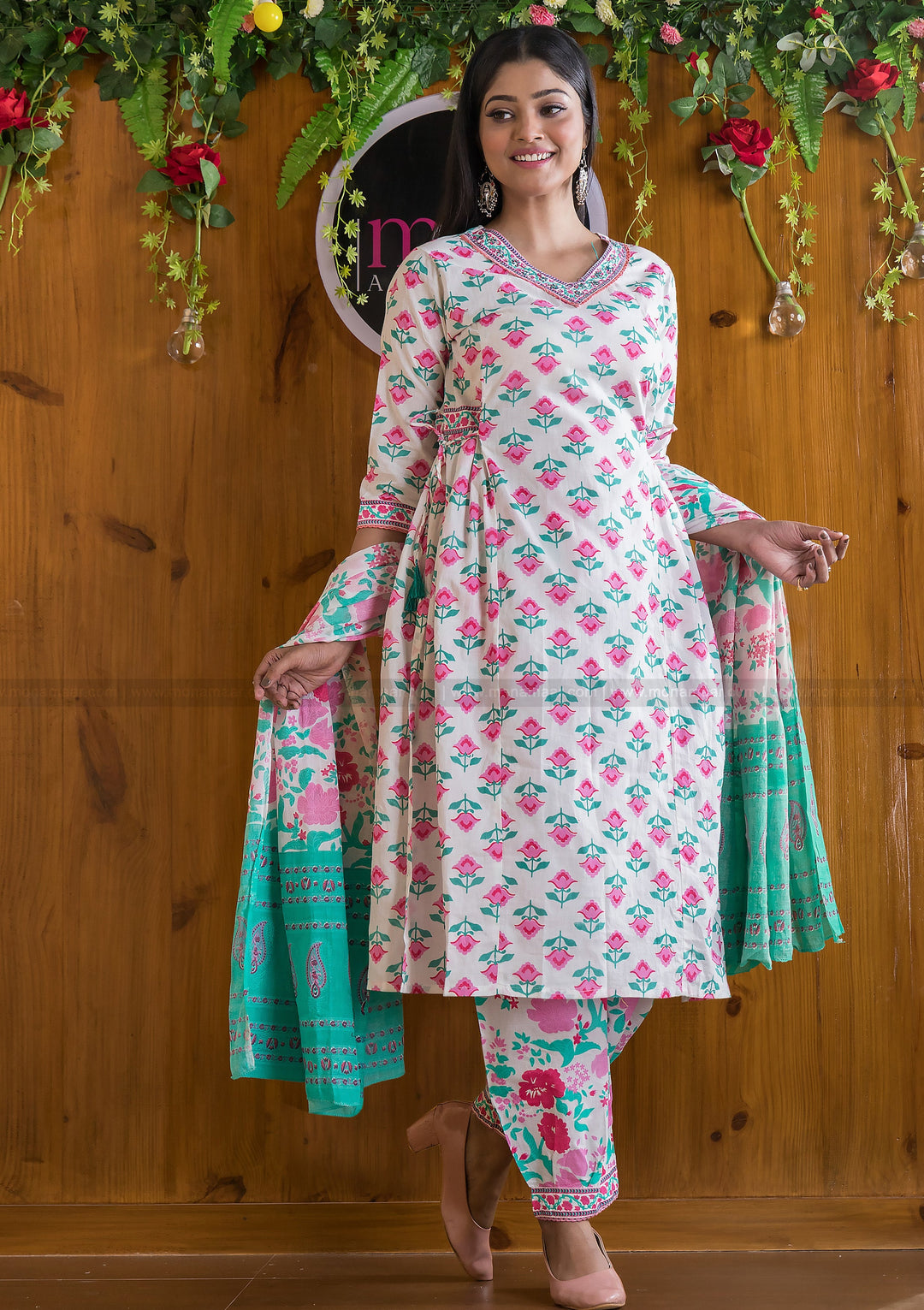 Immortal Floral Cotton Suit Set(Steady Pink And White Combo)