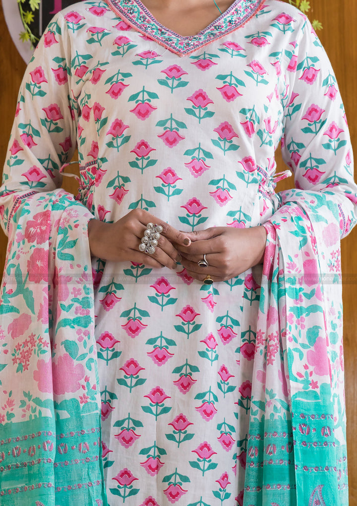 Immortal Floral Cotton Suit Set(Steady Pink And White Combo)